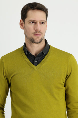  Yağ Yeşili-Olive V Yaka Regular Fit Pamuklu Triko Kazak