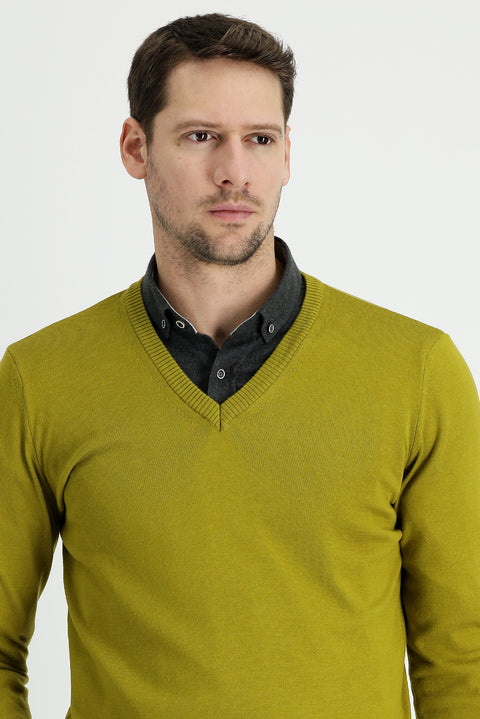 Yağ Yeşili-Olive V Yaka Regular Fit Pamuklu Triko Kazak