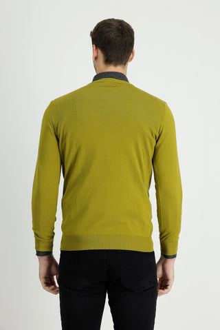  Yağ Yeşili-Olive V Yaka Regular Fit Pamuklu Triko Kazak