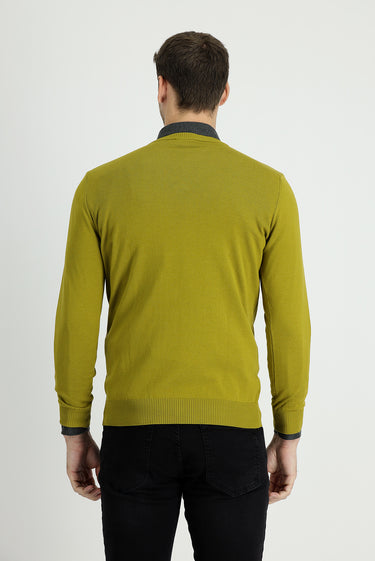  Yağ Yeşili-Olive V Yaka Regular Fit Pamuklu Triko Kazak