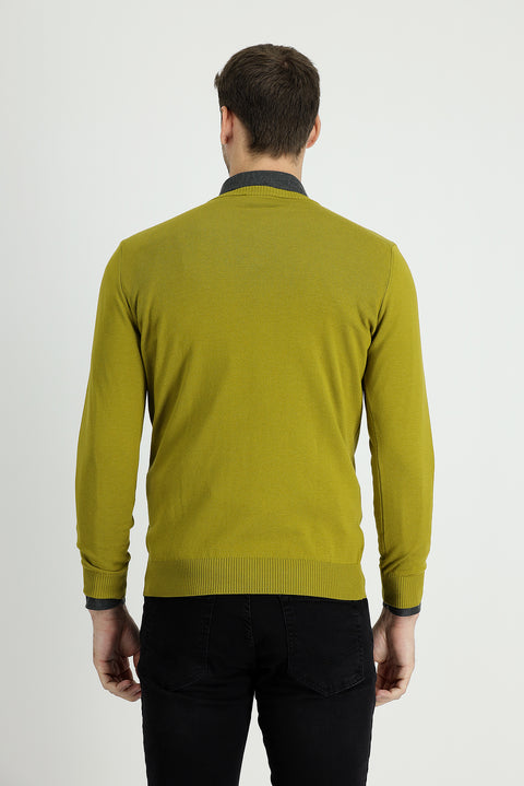 Yağ Yeşili-Olive V Yaka Regular Fit Pamuklu Triko Kazak