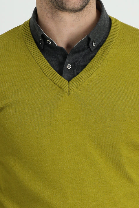 Yağ Yeşili-Olive V Yaka Regular Fit Pamuklu Triko Kazak