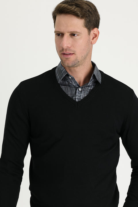Black V-Neck Regular Fit Knit Sweater