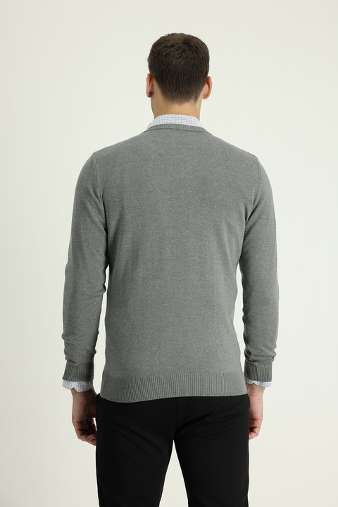 Orta Gri Melanj V Yaka Regular Fit Triko Kazak