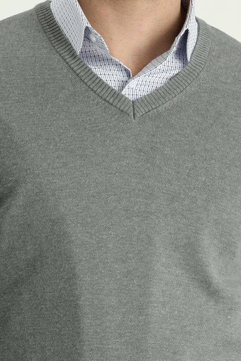Orta Gri Melanj V Yaka Regular Fit Triko Kazak