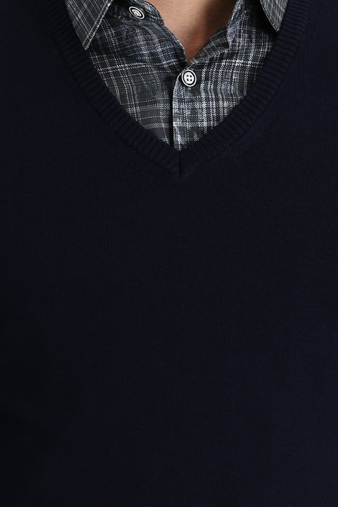 Koyu Lacivert V Yaka Regular Fit Pamuklu Triko Kazak