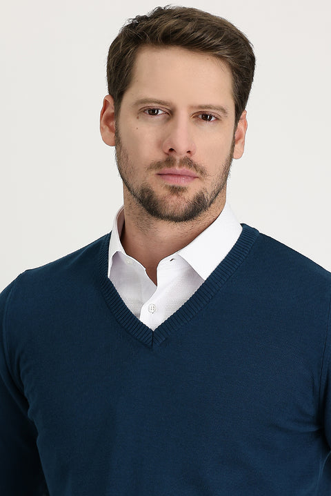 Orta Petrol V Yaka Regular Fit Pamuklu Triko Kazak