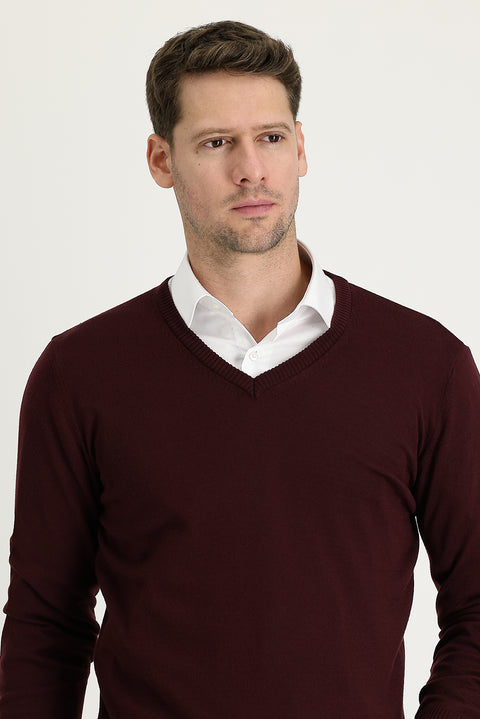 Koyu Bordo V Yaka Regular Fit Triko Kazak