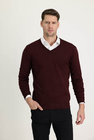  Koyu Bordo V Yaka Regular Fit Triko Kazak