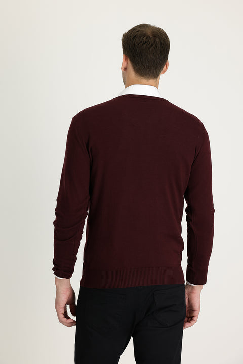 Koyu Bordo V Yaka Regular Fit Triko Kazak