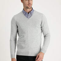 Açık Gri Melanj V Yaka Regular Fit Triko Kazak