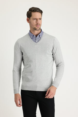  Açık Gri Melanj V Yaka Regular Fit Triko Kazak