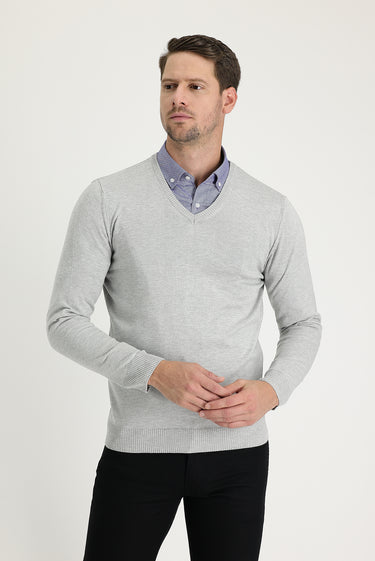 Açık Gri Melanj V Yaka Regular Fit Triko Kazak