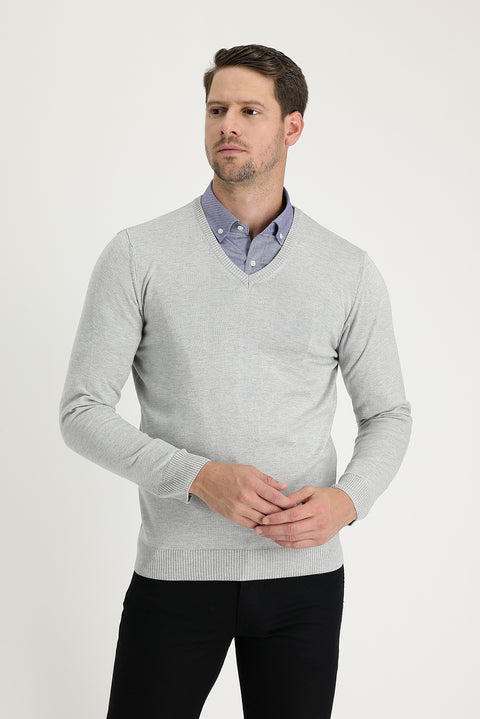 Açık Gri Melanj V Yaka Regular Fit Triko Kazak