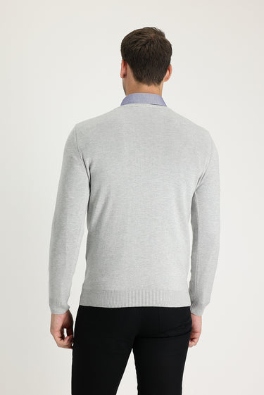 Açık Gri Melanj V Yaka Regular Fit Triko Kazak