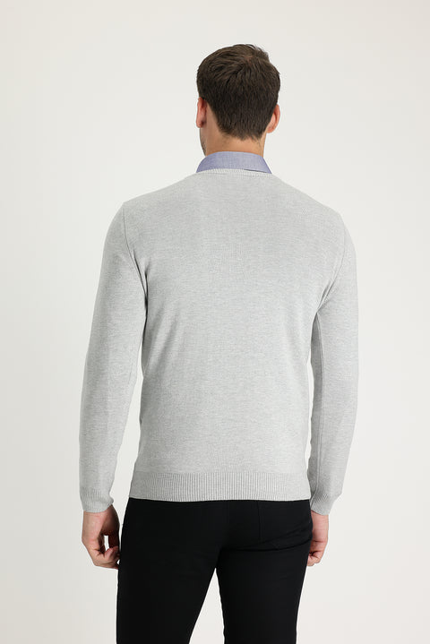 Açık Gri Melanj V Yaka Regular Fit Triko Kazak