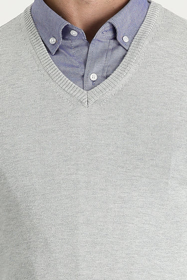 Açık Gri Melanj V Yaka Regular Fit Triko Kazak