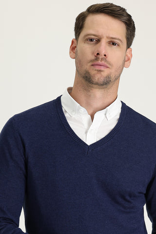  Orta Lacivert Melanj V Yaka Regular Fit Triko Kazak