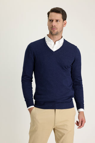  Orta Lacivert Melanj V Yaka Regular Fit Triko Kazak