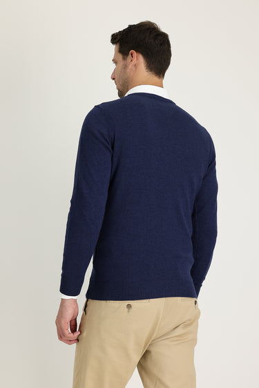 Orta Lacivert Melanj V Yaka Regular Fit Triko Kazak