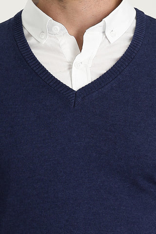  Orta Lacivert Melanj V Yaka Regular Fit Triko Kazak