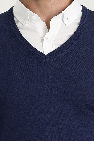 Orta Lacivert Melanj V Yaka Regular Fit Triko Kazak