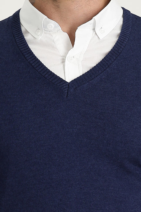 Orta Lacivert Melanj V Yaka Regular Fit Triko Kazak