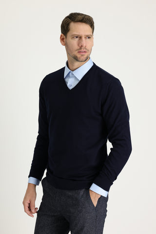  Koyu Lacivert V Yaka Regular Fit Triko Kazak-Ki??l?