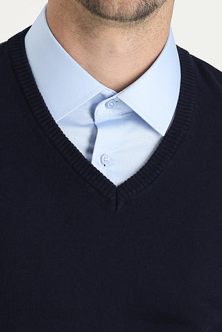  Koyu Lacivert V Yaka Regular Fit Triko Kazak-Ki??l?