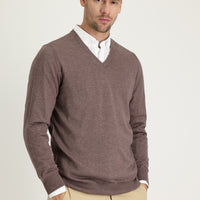 Açık Kahve Melanj V Yaka Regular Fit Triko Kazak