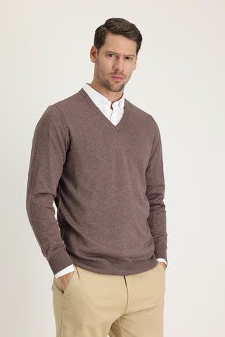  Açık Kahve Melanj V Yaka Regular Fit Triko Kazak