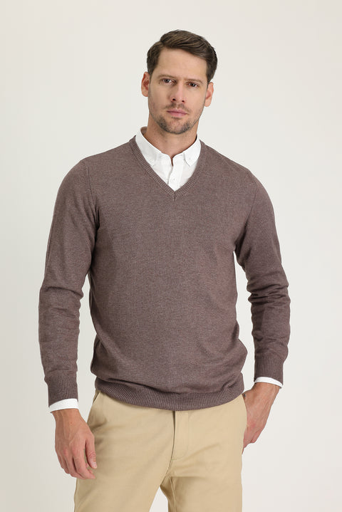 Açık Kahve Melanj V Yaka Regular Fit Triko Kazak