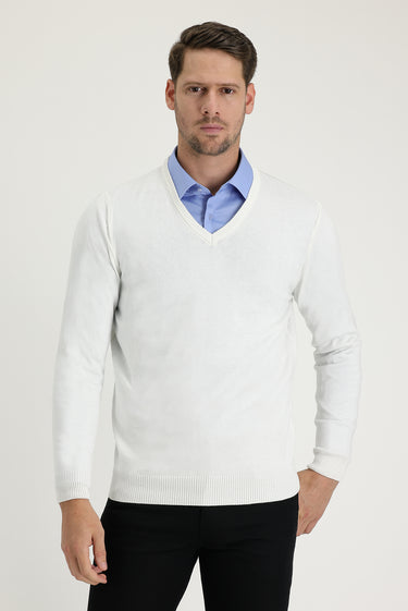  Ekru V Yaka Regular Fit Triko Kazak