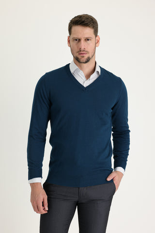  Orta Petrol V Yaka Regular Fit Triko Kazak