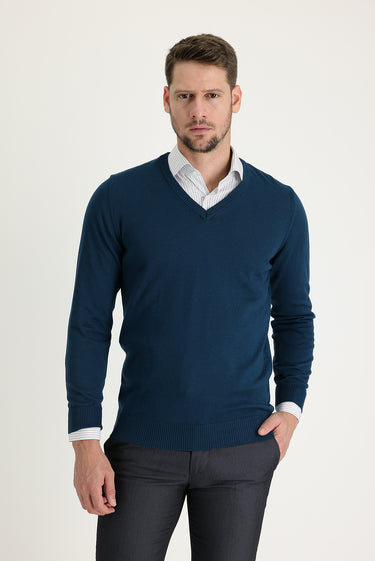 Orta Petrol V Yaka Regular Fit Triko Kazak