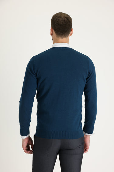 Orta Petrol V Yaka Regular Fit Triko Kazak