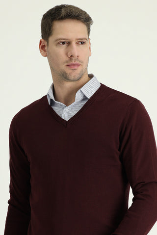  Koyu Bordo V Yaka Regular Fit Triko Kazak