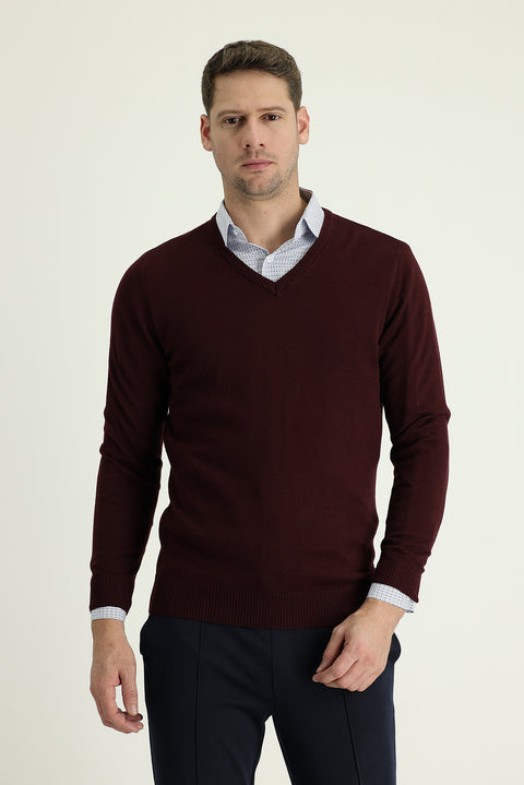 Koyu Bordo V Yaka Regular Fit Triko Kazak