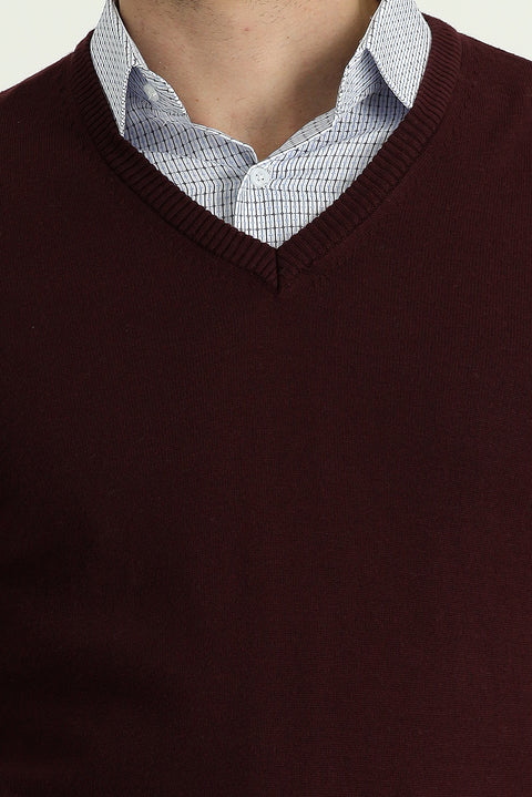 Koyu Bordo V Yaka Regular Fit Triko Kazak