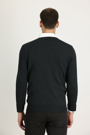  Koyu Antrasit V Yaka Regular Fit Triko Kazak