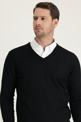  Siyah V Yaka Regular Fit Yünlü Triko Kazak