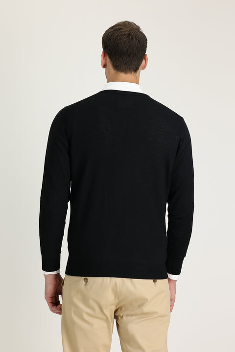 Siyah V Yaka Regular Fit Yünlü Triko Kazak