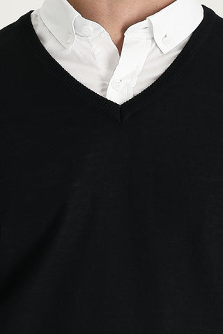  Siyah V Yaka Regular Fit Yünlü Triko Kazak