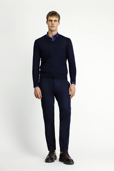 Koyu Lacivert V Yaka Regular Fit Yünlü Triko Kazak