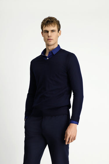 Koyu Lacivert V Yaka Regular Fit Yünlü Triko Kazak