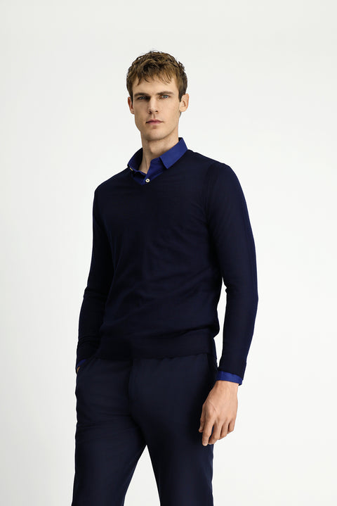 Koyu Lacivert V Yaka Regular Fit Yünlü Triko Kazak