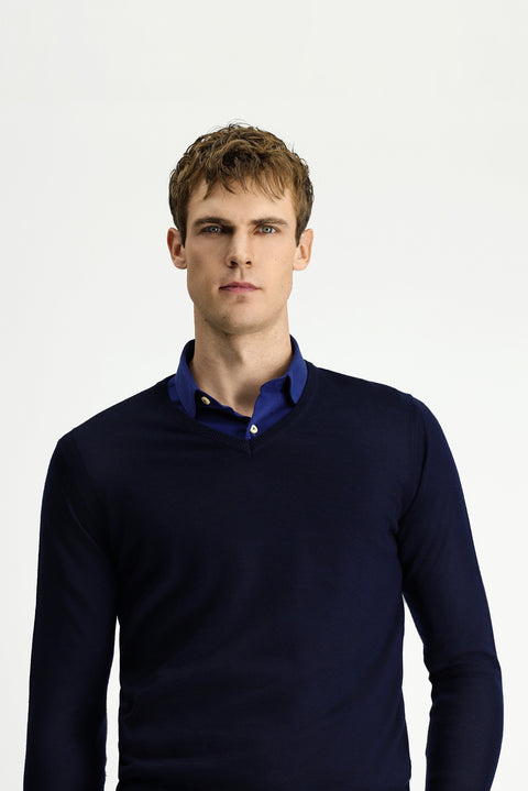 Koyu Lacivert V Yaka Regular Fit Yünlü Triko Kazak