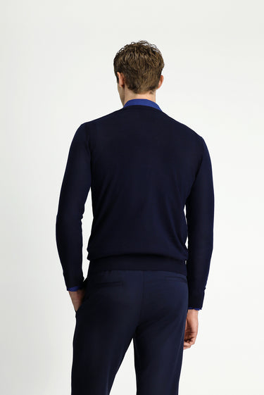 Koyu Lacivert V Yaka Regular Fit Yünlü Triko Kazak