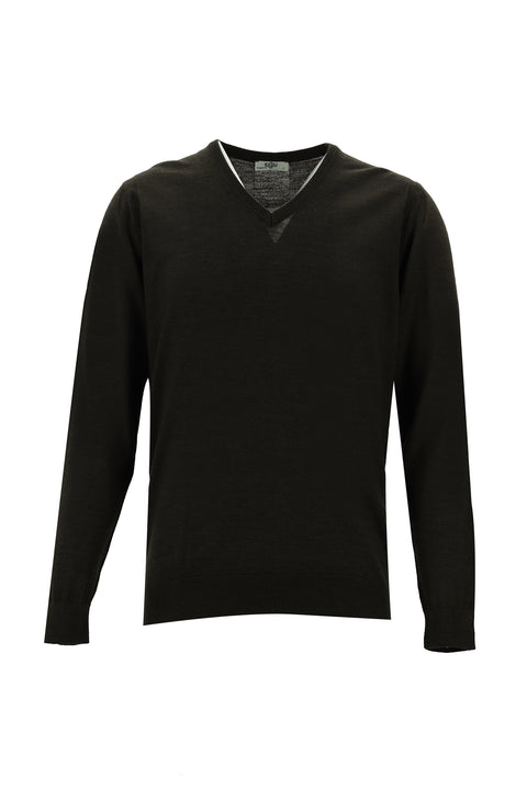 Koyu Kahve V Yaka Regular Fit Yünlü Triko Kazak