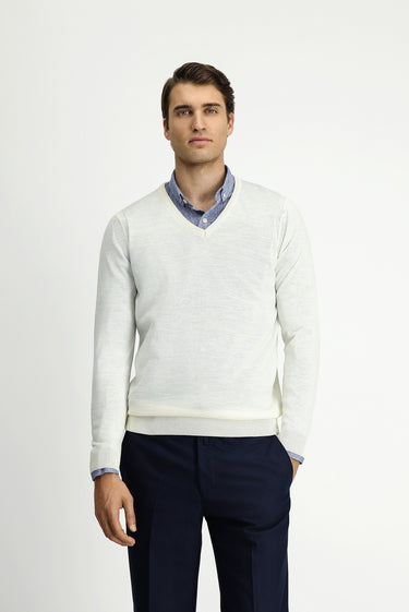 Kırık Beyaz V Yaka Regular Fit Yünlü Triko Kazak